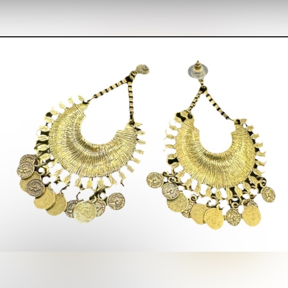 Large Bollywood Style Boho Earrings. Gold Tone - Red Stone & Roman Coin Dangles - Picture 3 of 5